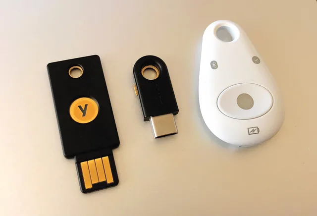 Three hardware security keys for secure second-factor or multi-factor authentication: a Yubico Yubikey 4 in both USB A and USB C form, as well as a Feitian MultiPASS FIDO security token, which uses NFC and Bluetooth. These dongles support hardware-based authentication including IDO U2F, PGP/GPG keys. Where phishing defense actually starts: MFA on email, not training