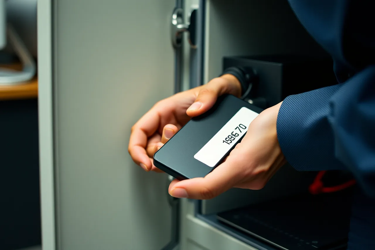 Labelled encrypted backup drive being locked in a cabinet (How to secure a backup system that attackers already assume exists)