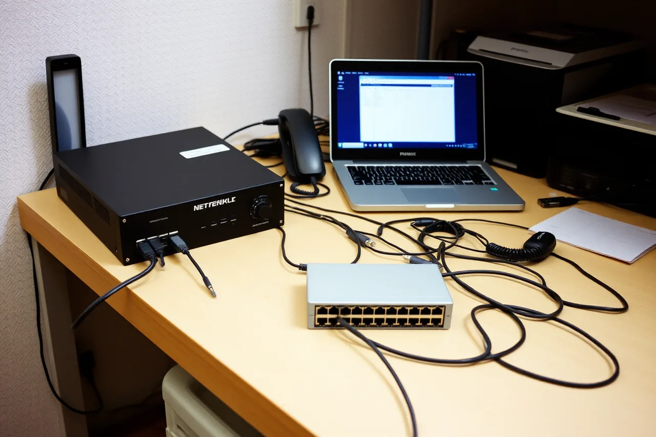 Firewall and switch configured on a bench with test phone and printer (7 takeaways on network security migration)